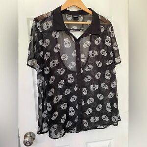 Torrid Black Sheer Button-Up Shirt with Skull Print, Collared, Plus Size
